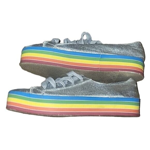 Silver Rainbow Stripe Platform Sneakers Art Class Womens Size 5 Canvas Casual Sh - Picture 3 of 7